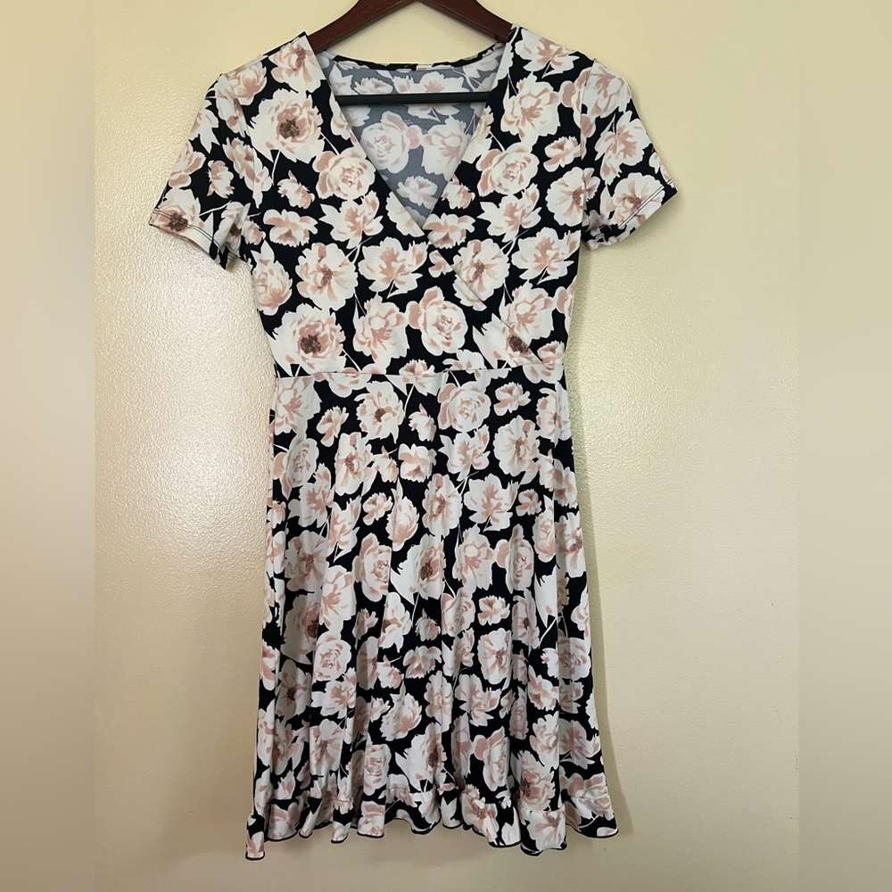 SO Black and Cream Floral Midi Dress Size S